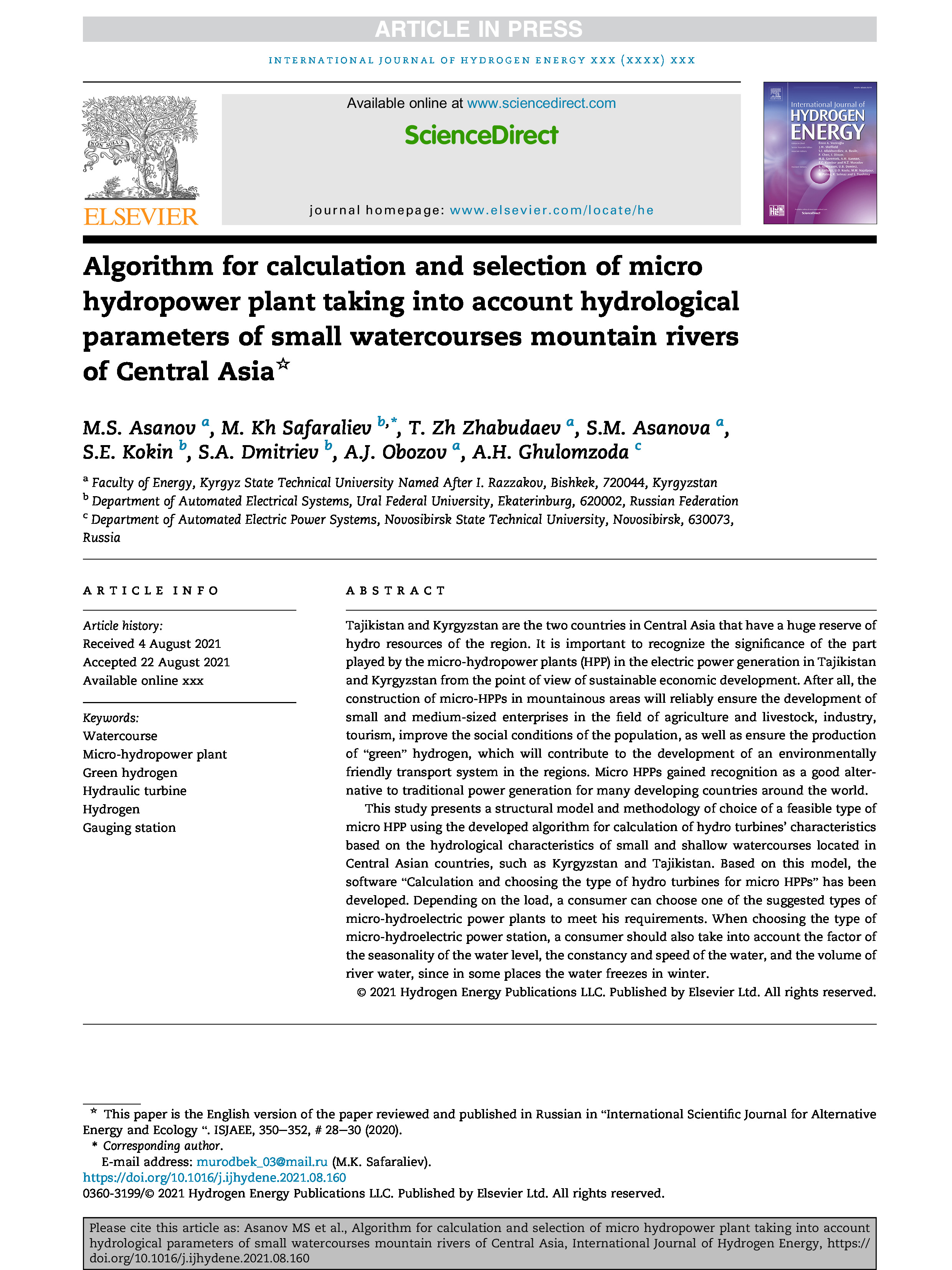 Algorithm for calculation and selection of micro hydropower plant taking into account hydrological parameters of small watercourses mountain rivers | M.Asanov, M.Safaraliev, T.Zhabudaev, S.Asanova, S.Kokin, S.Dmitriev, A.Obozov, A.Ghulomzoda