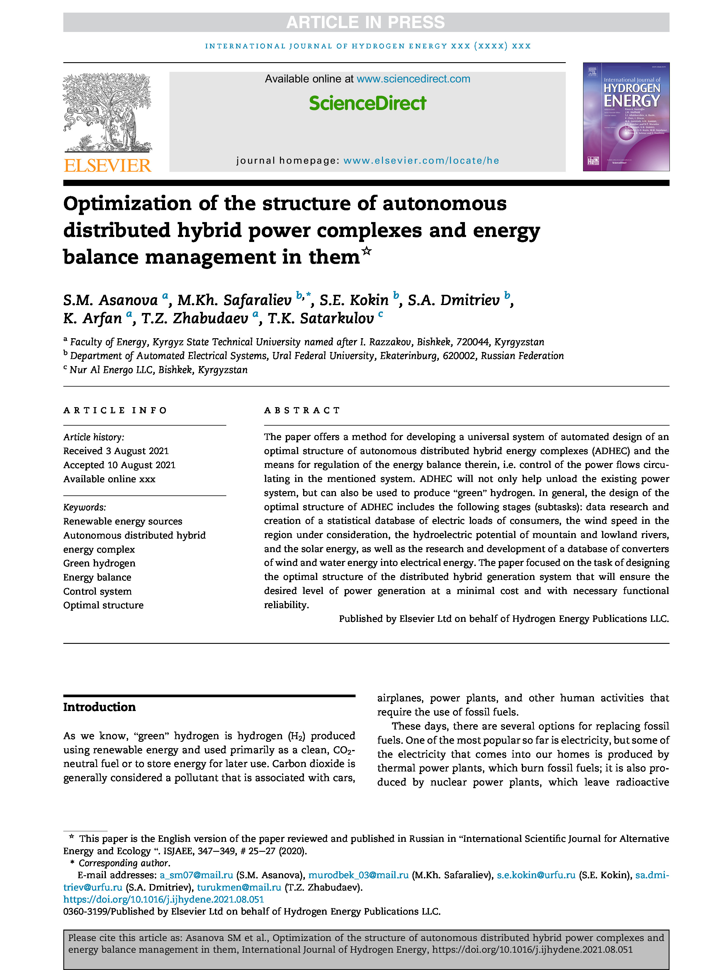 Optimization of the structure of autonomous distributed hybrid power complexes and energy | M.Asanov, M.Safaraliev, T.Zhabudaev, S.Asanova, S.Kokin, S.Dmitriev, A.Obozov, A.Ghulomzoda