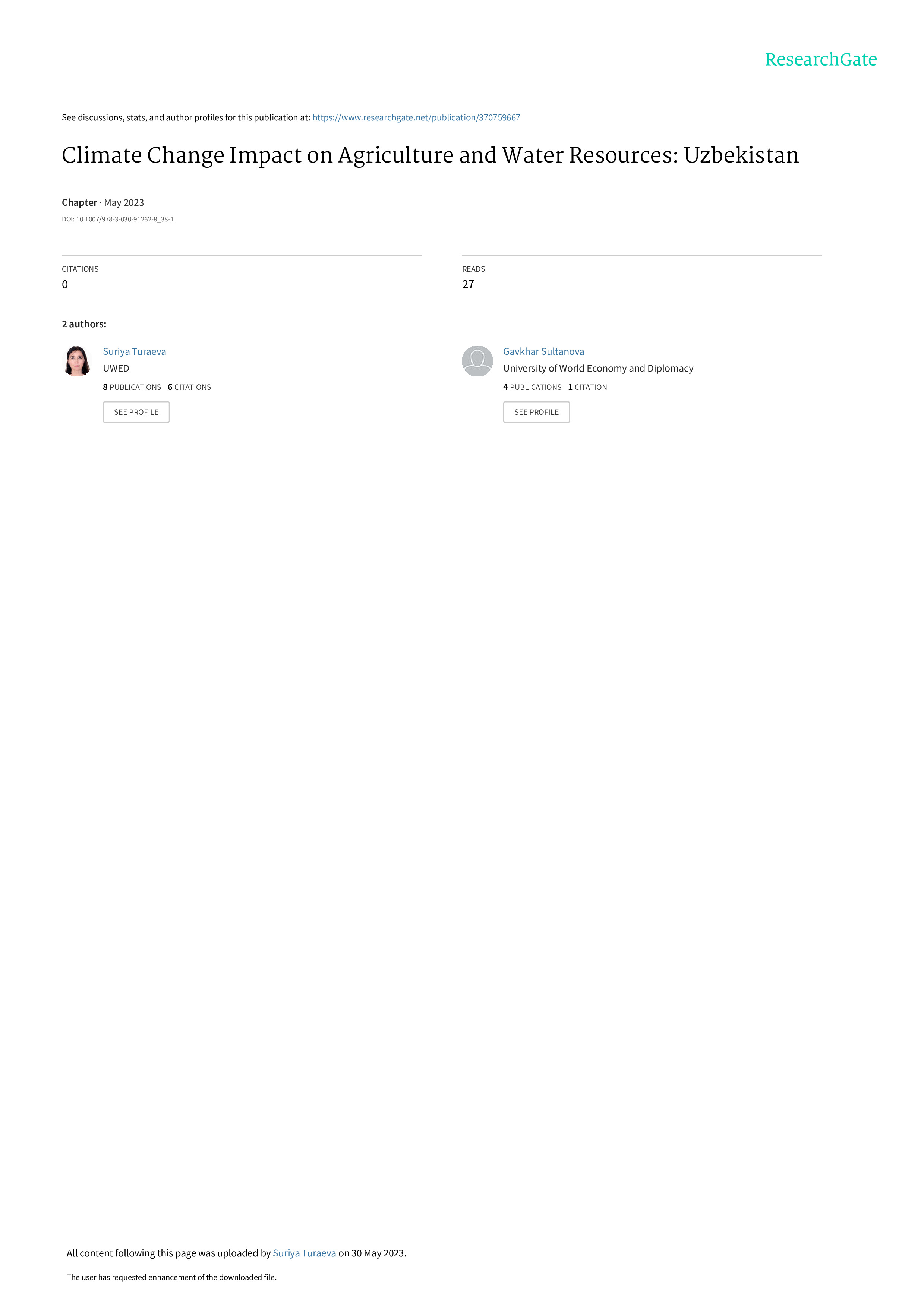 Tthe problem of water and land resources management and climate change in Uzbekistan, 2023 | S.Turayeva, G.Sultanova