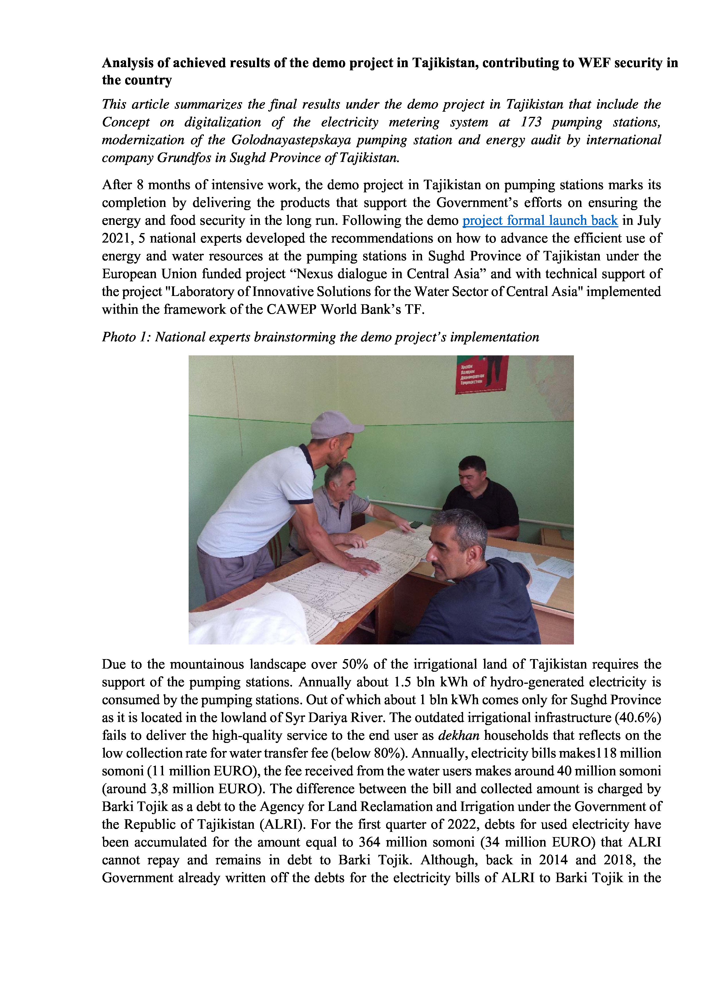 Article: Analysis of achieved results of the demo project in Tajikistan, contributing to WEF security in the country 2022