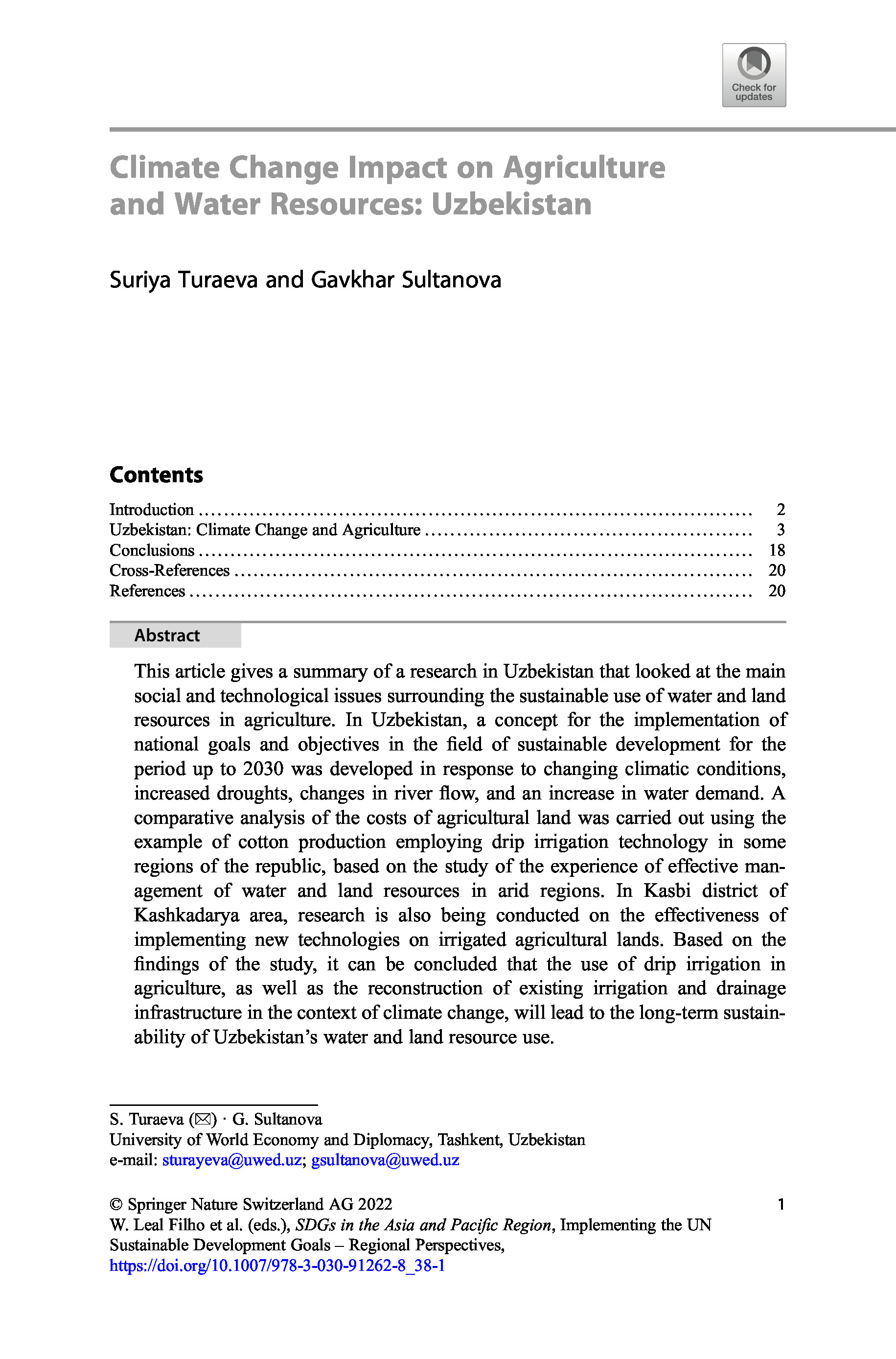 Climate Change Impact on Agriculture and Water Resources: Uzbekistan, 2023 | S.Turaeva, G.Sultanova